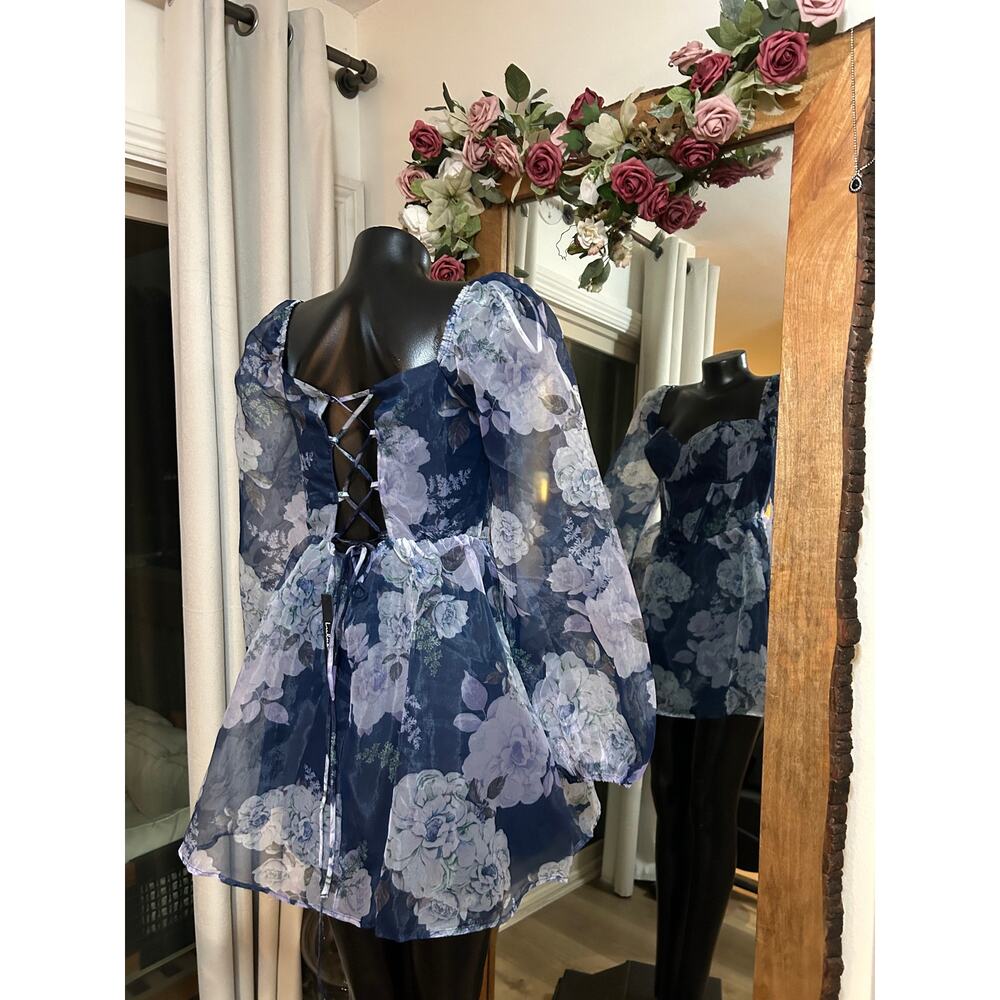 NWT Lulus Positively Enchanting Blue Floral Organza Bustier Mini Dress Sz M - Picture 5 of 9